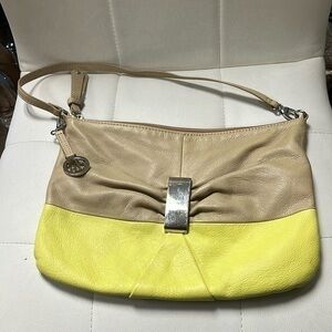 Audrey Brooke, yellow and tan silver accent handbag